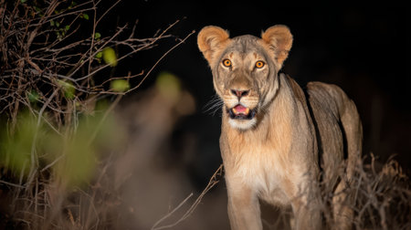 A lioness with piercing eyes looks directly at the camera, illuminated by artificial light in the dark African wilderness.の素材