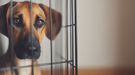 A close-up shot of a sad dogs face looking through the bars of a cage, conveying a sense of loneliness and confinement.の素材
