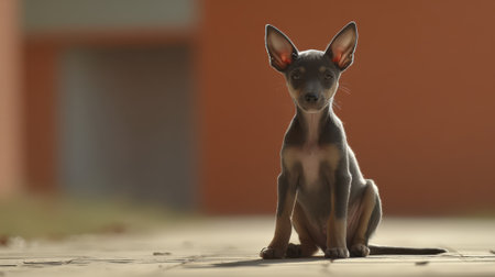 A small, adorable Chihuahua puppy sits attentively outdoors, bathed in warm sunlight against a blurred terracotta background.の素材