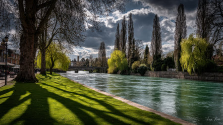 A beautiful river winds through a vibrant green park, bordered by tall trees casting long shadows under a dramatic, cloudy sky.の素材