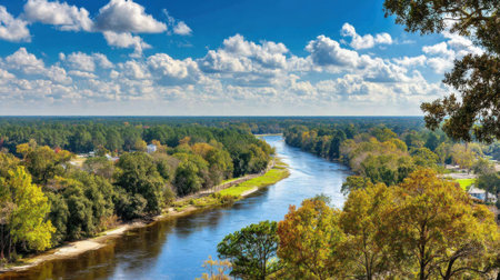 An aerial view captures a wide river winding through a vibrant green forest, with a bridge visible in the distance under a dynamic sky.の素材