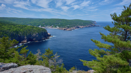 A breathtaking view of a calm ocean bay with a dense green forest and rugged coastline under a bright blue sky with scattered clouds.の素材