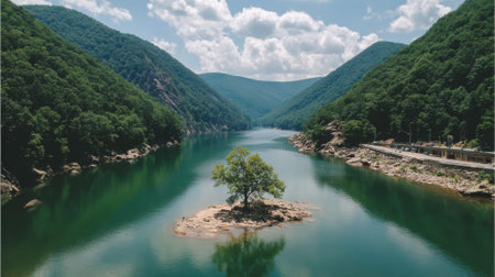 A breathtaking aerial view of a tranquil lake nestled between verdant, tree-covered mountains, featuring a solitary tree on a small island in the center.の素材