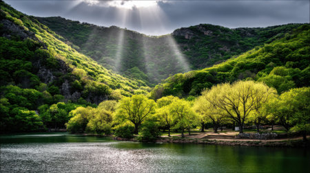 Dramatic sunbeams illuminate a vibrant green valley with a tranquil lake in the foreground, showcasing nature's beauty.の素材