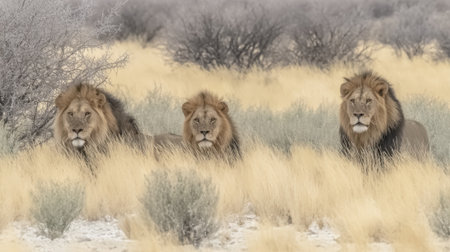 A striking image of three adult male lions with full manes, alert and watchful, amidst the dry, golden grasses of the African savanna.の素材