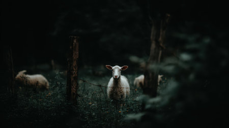 A group of sheep are seen in a dimly lit forest, with one sheep looking directly at the camera.の素材