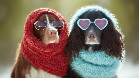 A heartwarming image of two dogs, one brown and white and the other dark brown, wearing colorful scarves and stylish sunglasses, looking at the camera.の素材