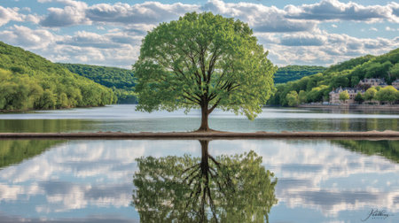 A perfectly symmetrical reflection of a large, green tree stands on a calm lake, surrounded by lush green hills under a cloudy sky.の素材