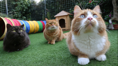 Three cats, one black, one orange tabby, and one orange and white, are in an outdoor enclosure with a tunnel and a small cat house.の素材
