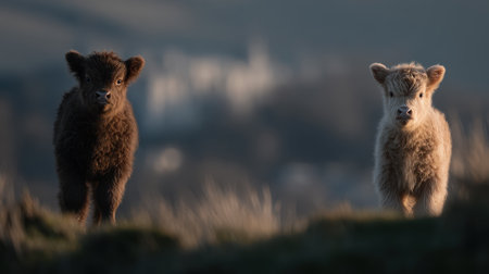 Two fluffy Highland cattle calves stand in a grassy field, bathed in the warm glow of sunrise. Their shaggy coats and gentle eyes are captivating.の素材