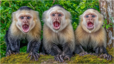 Three white-faced capuchin monkeys are sitting on a branch in the rainforest with their mouths wide open, appearing to yell.の素材