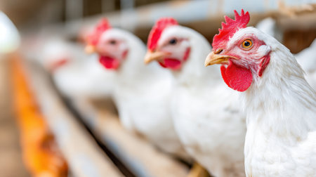 Close-up of three white chickens with red combs lined up in a farm setting, focusing on the chicken in the foreground.の素材
