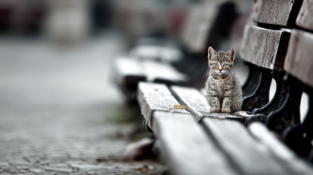 A small, striped kitten sits patiently on a weathered wooden park bench, looking directly at the camera.の素材