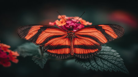 A close-up of a vibrant orange butterfly with bold black stripes remains on a cluster of delicate pink flowers, its wings spread wide.の素材