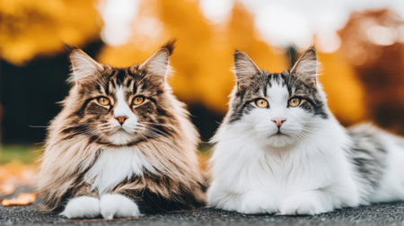 A close-up portrait of two beautiful Maine Coon cats sitting side-by-side, showcasing their fluffy fur and striking eyes. The background features warm, blurred autumn leaves.の素材