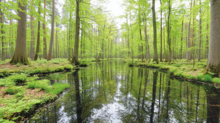 A serene forest scene with a winding stream reflecting the vibrant green canopy and moss-covered ground.の素材