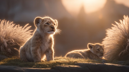 Two young lion cubs rest on a grassy savanna during the golden hour, with soft sunlight illuminating their fur and the surrounding dry grass.の素材