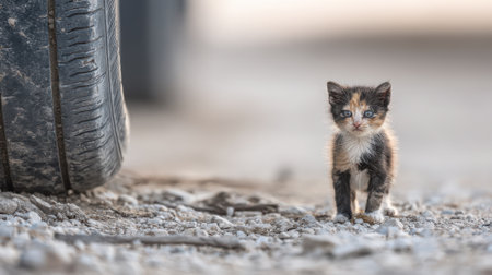 A small, tri-colored kitten with a sad expression sits on a rough, gravelly ground next to a large, worn tire.の素材