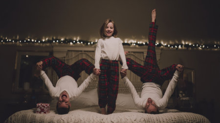 A girl stands in the middle while two children do a headstand on a bed, with fairy lights in the background.の素材