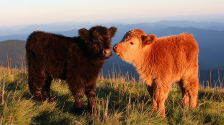 Two adorable, fluffy Highland calves, one dark brown and one reddish-brown, stand close together in a sunlit grassy field.の素材