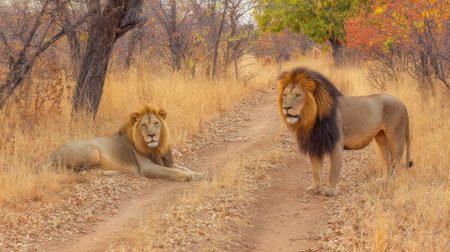 Two powerful male lions, one standing and one resting, in a dry, grassy African savannah with scattered trees and autumn foliage.の素材