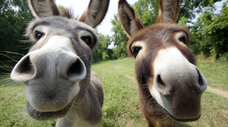 Close-up of two donkeys faces, one gray and one brown, in a grassy field on a sunny day.の素材