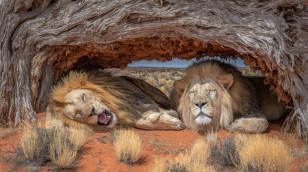 Two powerful lions find shelter and rest within a natural cave, showcasing their regal presence in the wild.の素材