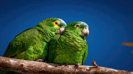 A close-up shot of two vibrant green parrots sitting together on a textured wooden branch, with a clear blue sky or water in the background.の素材