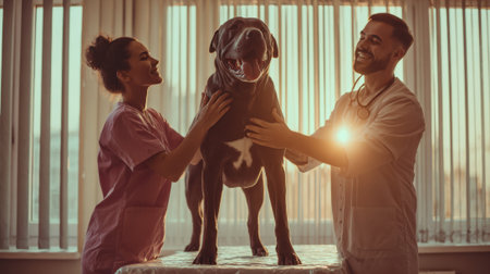Two veterinarians, a man and a woman, gently examine a large dog in a bright examination room, showcasing dedication to animal health.の素材