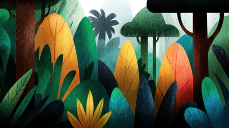 A colorful and stylized illustration of a dense jungle scene with abstract shapes representing tropical plants and trees, bathed in soft light.の素材