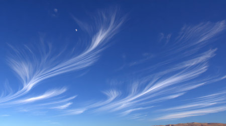 Delicate, feathery cirrus clouds drift across a clear, bright blue sky, creating a beautiful natural pattern.の素材