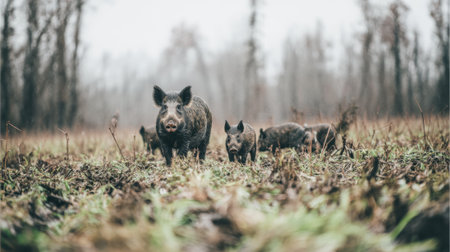 A group of wild boars, including adults and young, stand in a field with a misty forest in the background.の素材