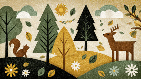 A charming, stylized illustration of an autumn forest with colorful trees, falling leaves, a squirrel, and a deer.の素材