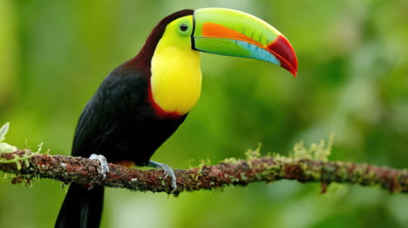 A close-up shot of a colorful toucan with a large, striking beak sitting on a tree branch, surrounded by lush green foliage.の素材