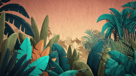 A lush, stylized jungle scene with large, colorful leaves and palm fronds framing a hazy background where faint animal shapes are visible against a warm, orange sunset.の素材