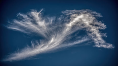 A striking image of delicate cirrus clouds stretching across a clear, deep blue sky, showcasing the intricate patterns formed by high-altitude winds.の素材