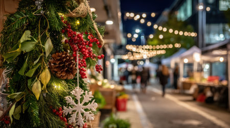 A close-up of a decorated Christmas tree branch with ornaments, blurred background of a bustling night market with string lights.の素材