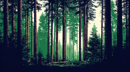 A dense forest of tall pine trees with vibrant green foliage and a carpet of undergrowth. Sunlight streams through the canopy, creating a serene and natural atmosphere.の素材