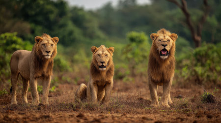 A powerful trio of lions, showcasing their strength and presence in the wild.の素材