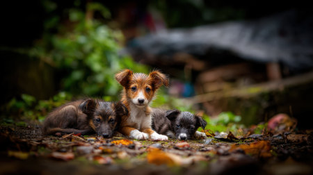 Three cute puppies, one with a light brown and white coat, lie on the ground amidst fallen leaves and greenery.の素材