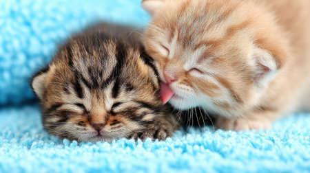 Close-up of two tiny, fluffy kittens, one tabby and one ginger, snuggled together and fast asleep on a textured blue surface.の素材