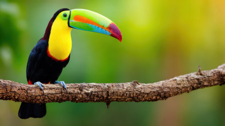 A colorful toucan with a large, multi-colored beak sits on a tree branch, surrounded by soft green foliage.の素材