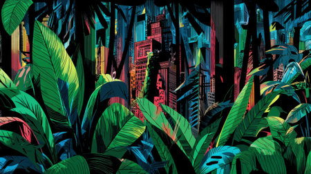 A surreal fusion of nature and urban life, featuring dense tropical foliage against a backdrop of a futuristic city illuminated by colorful neon lights.の素材