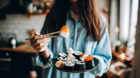 A woman in a blue shirt holds a plate of sushi and picks up a piece with chopsticks.の素材