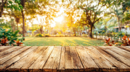 A rustic wooden table in the foreground, bathed in the warm glow of golden hour sunlight filtering through trees in a park.の素材
