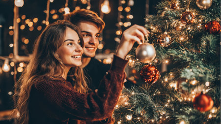 A happy young couple is decorating a Christmas tree together, surrounded by warm, festive lights.の素材