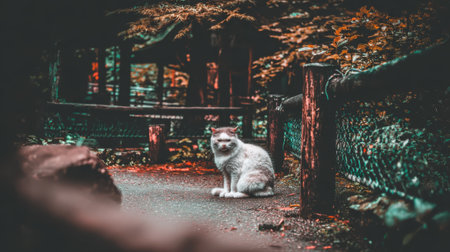 A white cat sits calmly in a tranquil Japanese garden, surrounded by lush greenery and traditional architecture.の素材