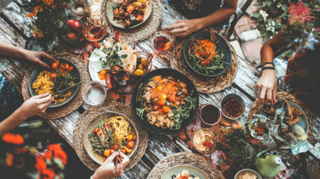 A top-down perspective captures a lively gathering around a table laden with diverse and colorful dishes, showcasing a shared meal experience.の素材