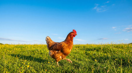 A solitary brown chicken with vibrant red comb and wattle is captured mid-stride in a sun-drenched grassy field, with a vast, cloudless blue sky overhead.の素材
