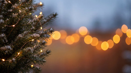 A festive and cozy scene featuring a frosted pine branch illuminated by delicate string lights, set against a soft, blurred backdrop of glowing orbs.の素材